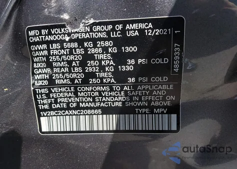 2022 Volkswagen Atlas Cross Sport 2.0T Sel z USA, uszkodzony, nr VIN 1V2BC2CAXNC208665